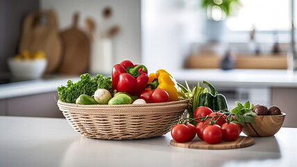 vegetables in a wicker basket on the countertop in a modern kitchen , advertising banner