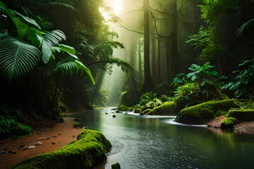 a peaceful forest run a pristine river and greenery grows along the stream banks. Generative AI - obrazy, fototapety, plakaty