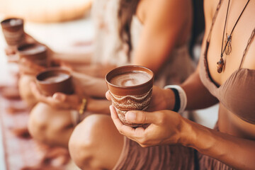 Cacao ceremony. Female hands holding a cup of pure organic ceremonial cacao drink.