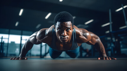 Fototapeta na wymiar a black afro-american athlete with healthy muscular body doing pushups in a gym while sweating and improving his physical body form.