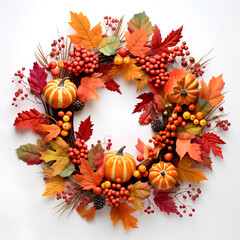 Naklejka na ściany i meble autumn wreath with leaves and pumpkins