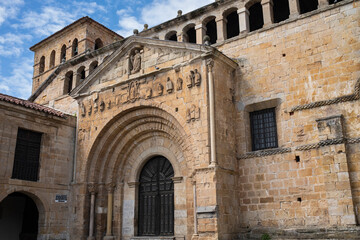 View of the main facade of the Romanesque collegiate church of Santillana del Mar.