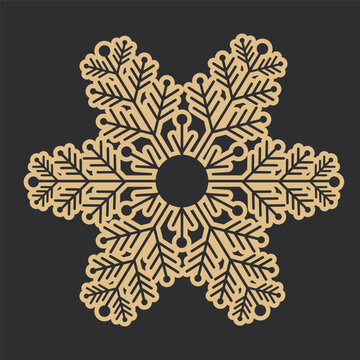Golden snowflake crystal elegant line christmas decoration on dark background,winter ornament frozen element.