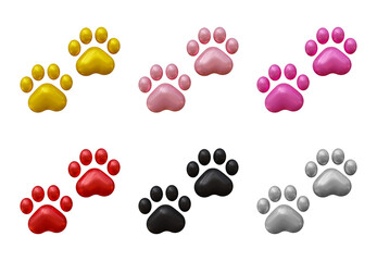 Set of dog or cat paw icons in 3d rendering isolated on transparent background for pet, animal concept.