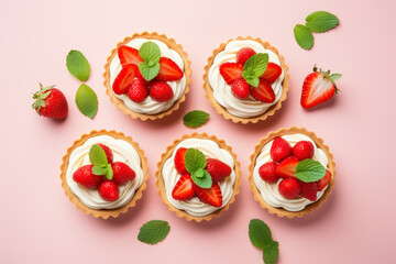 Top view of small tarts with cream and strawberry fruits