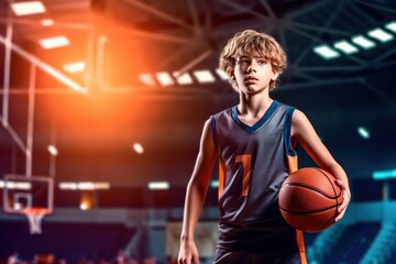 Beautiful Basketball teen male player holding a basket ball posing in basket sports hall.