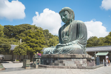 Fototapeta na wymiar The great blue buddha statue Kamakura Daibutsu at Kotoku in shrine temple in Kamakura,Kanagawa, Japan