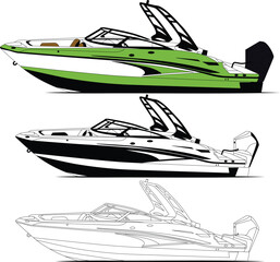 Boat vector, Jet motorboat vector, Fishing boat vector, line art illustration and one color.