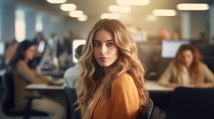 Portrait of attractive businesswoman sitting at her workplace at busy office environment.