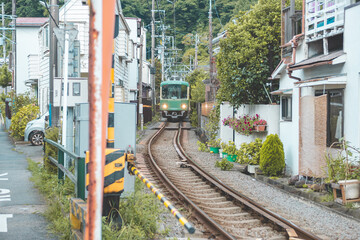 Enoshima tram or electric railway train at Fujisawa and Kamakura, Kanagawa, Japan