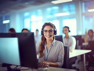 Portrait of friendly female customer support representative in headset with microphone talking with client in customer support service office. - obrazy, fototapety, plakaty