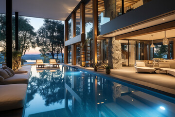 Design of luxurious house at dusk with large swimming pool in wide angle image