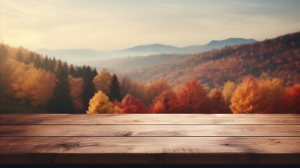 Naklejka na ściany i meble Autumn Harvest, Captivating Wood Table Set in Serene Landscape