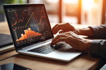 Closeup of businessman hands working on laptop, analyzing business data, graphs and diagrams on laptop's screen at office.