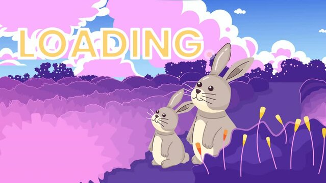 Rabbits in lavender field 2D loading animation. Bunnies watch fast moving clouds animated cartoon characters 4K video loader motion graphic. Clouds gazing in summer download, upload progress gif