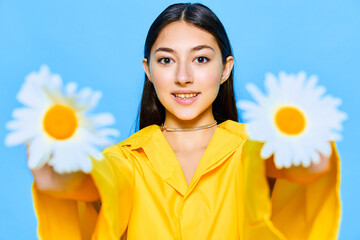 woman chamomile young happiness natural blue yellow flower portrait model smile