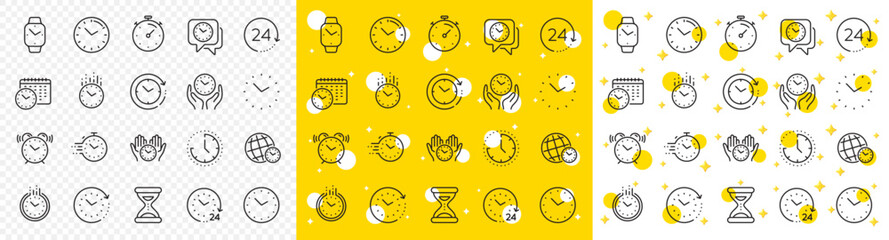 Fototapeta premium Timer, Alarm and Smartwatch. Time and clock line icons. Time management, 24 hour clock, deadline alarm icons. Sand hourglass, calendar and digital smartwatch, timer stopwatch. Vector