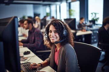Smiling young business woman with headset working on computer in call center. Customer or technical support concept.