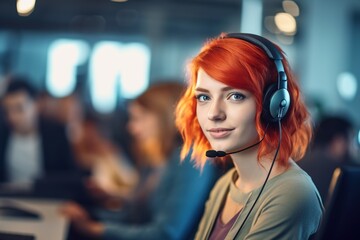 Close-up portrait of beautiful young redhead woman operator wearing headset at customer support service office.