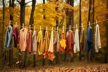 Clothes hanging in row. Many clothes for autumn or fall season. Сlothespin.