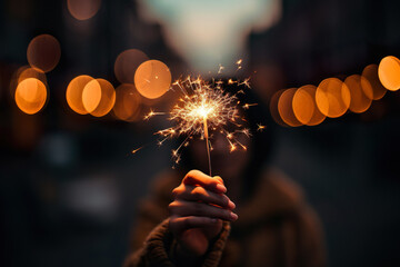 A girl holding a sparkler, creating bright sparks during a night celebration. Festive and vibrant atmosphere. - 635085162