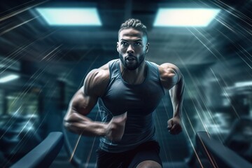 Fototapeta na wymiar Handsome African-American sportsman running on treadmill at gym.