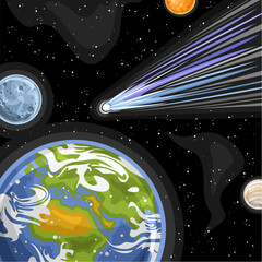 Vector illustration of Falling Comet, square astronomical poster with cartoon design shooting blue ice comet in earth and moon, decorative futuristic cosmic print with black starry space background © mihmihmal