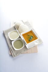 steam white bun bao mantou with Indian curry soup and green yogurt sauce breakfast on white background asian chef appetiser halal bakery food restaurant pastry menu for cafe