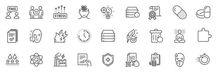 Fototapeta na wymiar Icons pack as Stress grows, Seo idea and Qr code line icons for app include Fast recovery, Certificate, Accounting outline thin icon web set. Document, Anxiety, Recovery trash pictogram. Vector