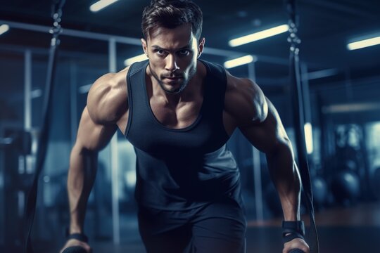 Muscular athletic man in sportswear exercising with ropes at gym.