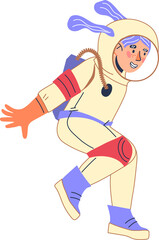 Little child in space suit, little astronaut or cosmonaut, kid playing space adventure 