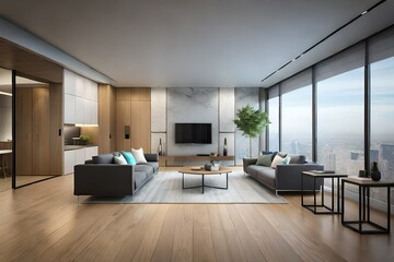 modern living room with kitchen