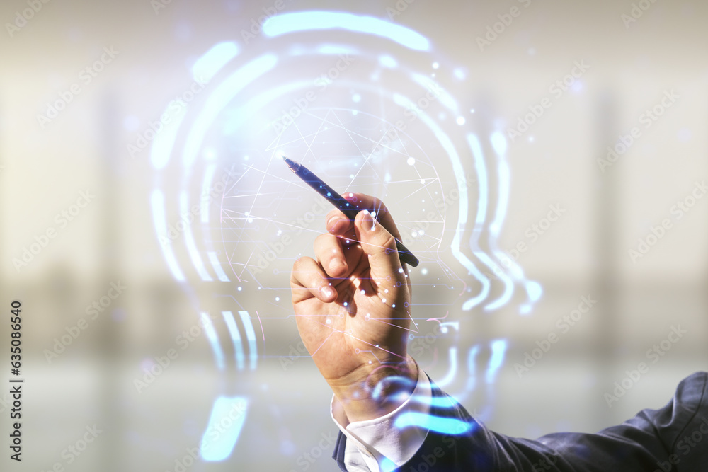 Aufkleber man hand with pen working with abstract virtual artificial intelligence interface with human head ho