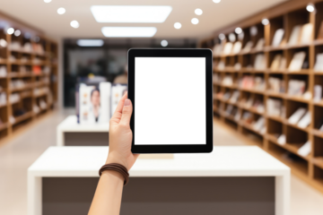 Hand holding tablet, PNG transparent background, shop and promotion concept. Generative AI