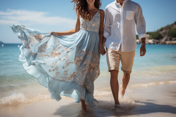Bonding love on the beach. A happy couple embraces, holding hands amidst the blissful ocean waves and warm sunlight, creating precious memories of togetherness and joyful moments.