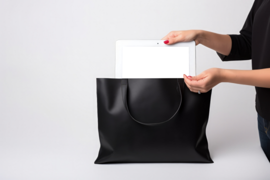 Hand holding tablet, PNG transparent background, shop and promotion concept. Generative AI