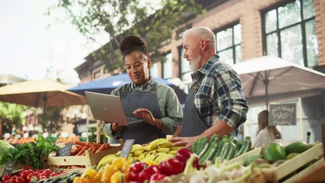 Female and Male Business Partners Managing a Successful Organic Food Stall at a Farmers Market. Handsome Adult Man Recording Sales Online and Restocking Supplies while Working on a Laptop Computer