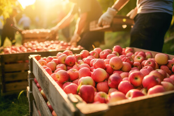 Ripe organic apples in a wooden boxes on the background of an apple orchard.