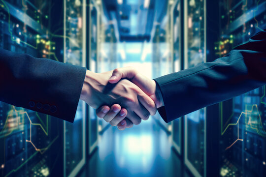 A firm handshake between two professionals symbolizes the successful exchange of information in the world of networking and technology.