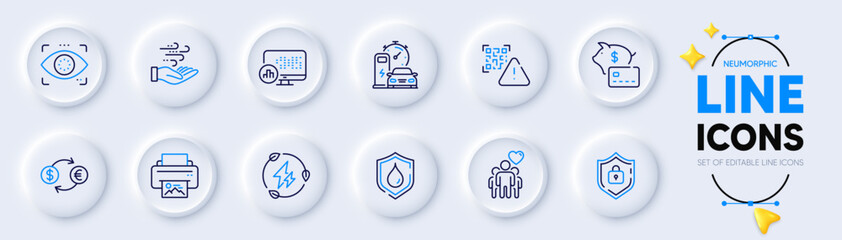 Charging station, Currency exchange and Green electricity line icons for web app. Pack of Qr code, Shield, Piggy bank pictogram icons. Print image, Waterproof, Report statistics signs. Vector