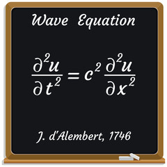 Wave Equation on a black chalkboard.. Education. Science. Formula. Vector illustration. 