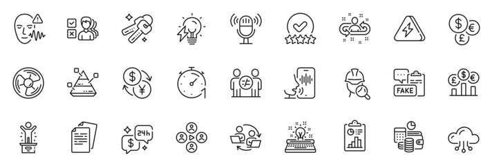 Icons pack as Pyramid chart, Winner podium and Typewriter line icons for app include Electricity bulb, Recruitment, Currency rate outline thin icon web set. Discrimination, Documents. Vector