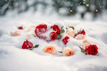 Obraz na płótnie Canvas Heart-shaped snow background adorned with beautiful roses. Generative AI
