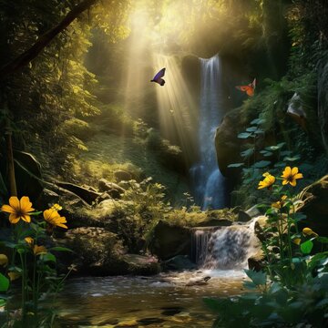 A phot of an etherial waterfall with a lush green fores, Generative AI.	