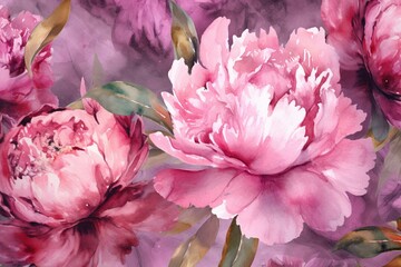A seamless pattern of watercolor peony flowers in an abstract style, perfect as a floral background. Generative AI