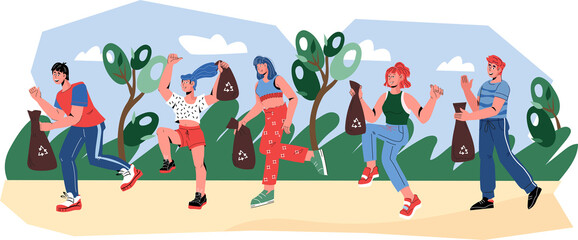 Plogging volunteer campaign for a healthy and eco-friendly lifestyle. People run and collect garbage, clean the public environment from garbage and plastic.