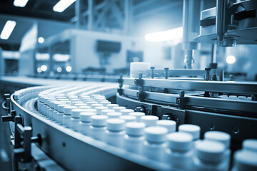 Pharmacy plant in action: Efficient production line processes medicines, exemplifying the integration of technology in drug manufacturing.