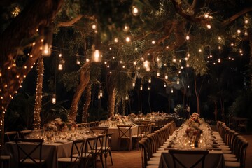 lavish wedding celebration venue outdoors: long tables and many fairy lights hanging from the ceiling, evening