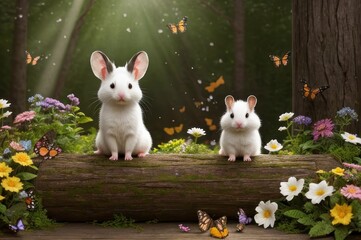 Whimsical cute animal with big ears sitting on the side of a white hamster covered log in a fairy forest surrounded by flowers, sunbeams, golden hour
