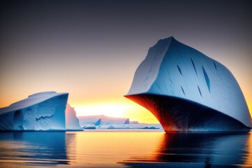 Huge iceberg at soft light of sunset with blue sky. Scenic sunset